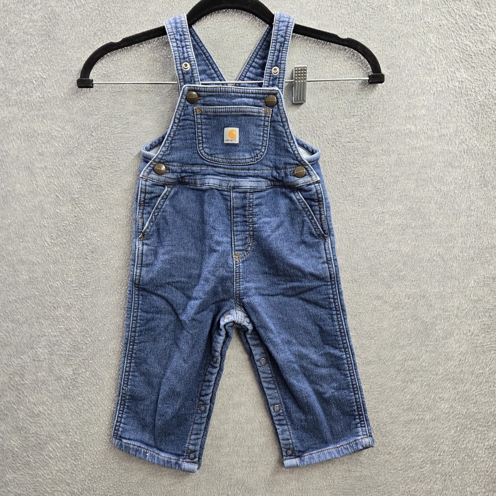 Carhartt Toddler Overalls 18M Blue Fleece Lined Denim Snap Button 9" Inseam